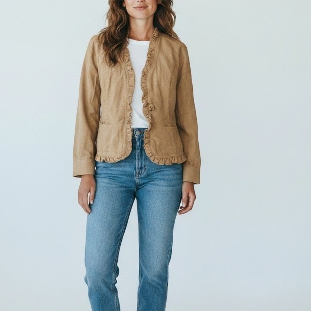 Chico's Blazer Size 0 Tan Corduroy Ruffle Trim Snakeskin Print Jacket
